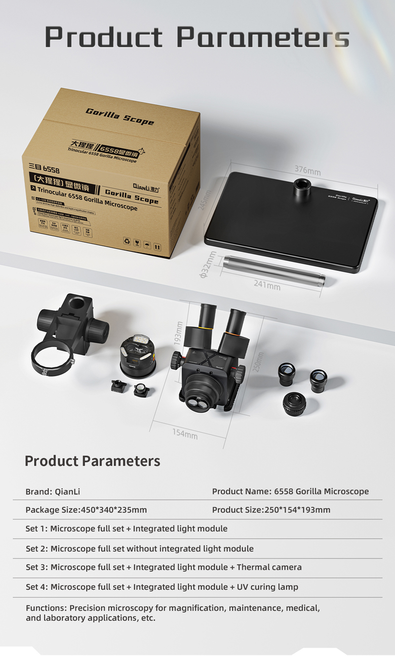 Qianli Gorilla 6558x Mikroskop (Paket içeriğindeki mekanizma led ışık,lens ve UV ışığı kapsamaktadır. Termal kamera kullanımı için ekstra aparat satın alınmalıdır.)