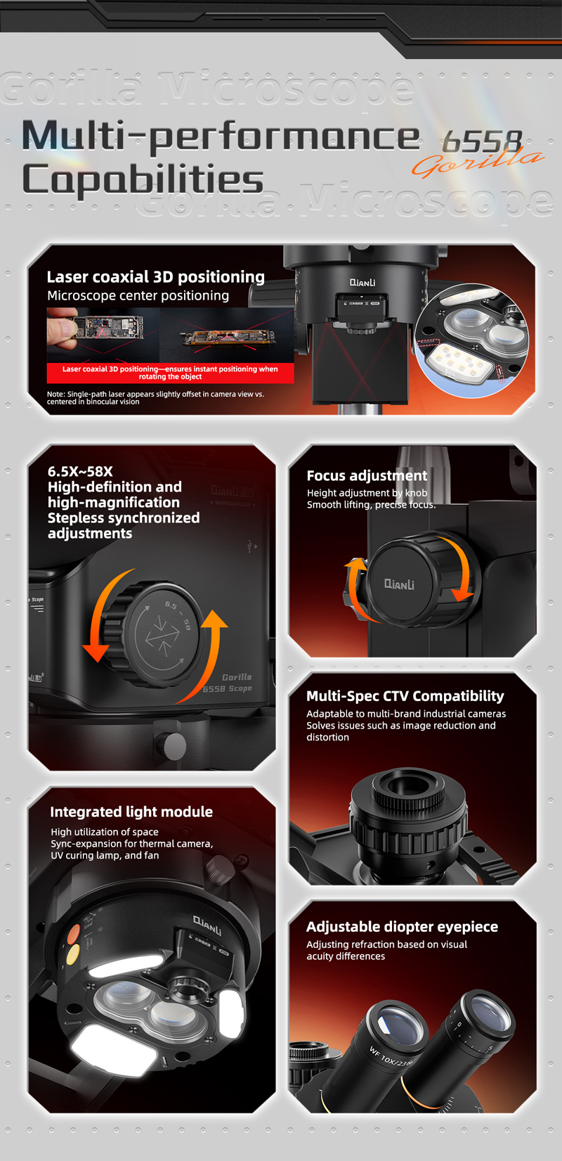 Qianli Gorilla 6558x Mikroskop (Paket içeriğindeki mekanizma led ışık,lens ve UV ışığı kapsamaktadır. Termal kamera kullanımı için ekstra aparat satın alınmalıdır.)