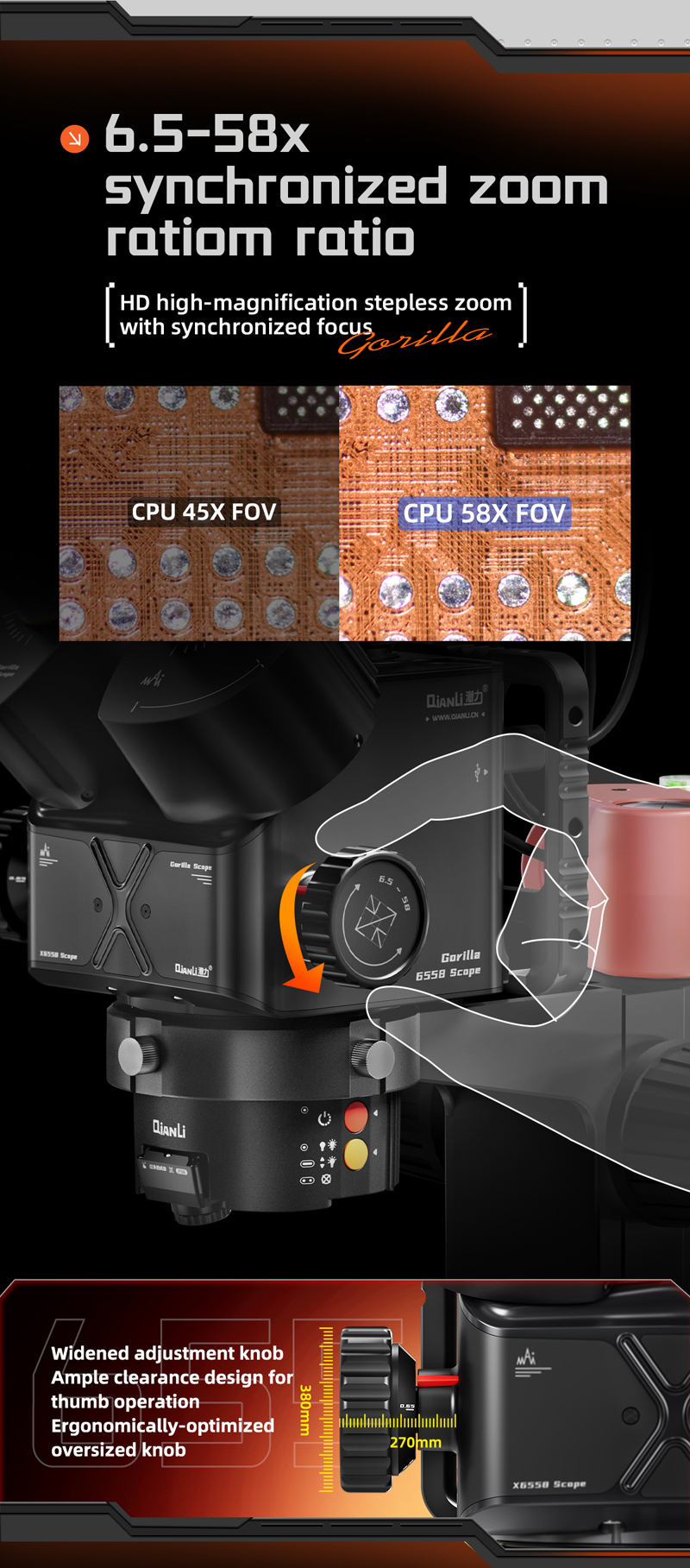 Qianli Gorilla 6558x Mikroskop (Paket içeriğindeki mekanizma led ışık,lens ve UV ışığı kapsamaktadır. Termal kamera kullanımı için ekstra aparat satın alınmalıdır.)