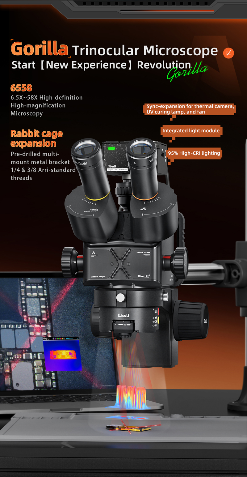 Qianli Gorilla 6558x Mikroskop (Paket içeriğindeki mekanizma led ışık,lens ve UV ışığı kapsamaktadır. Termal kamera kullanımı için ekstra aparat satın alınmalıdır.)