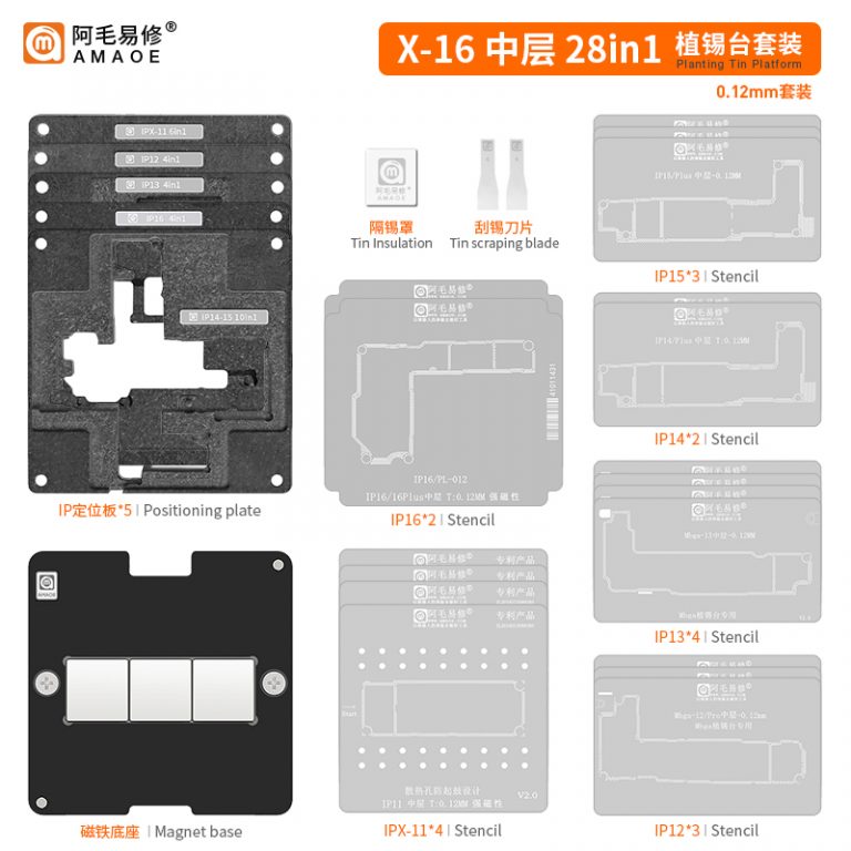 Amaoe iPhone X-16 28in1 Birleştirme Kalıp Seti (iPhone X-11-12-13-14-15-16 serilerini destekler.)