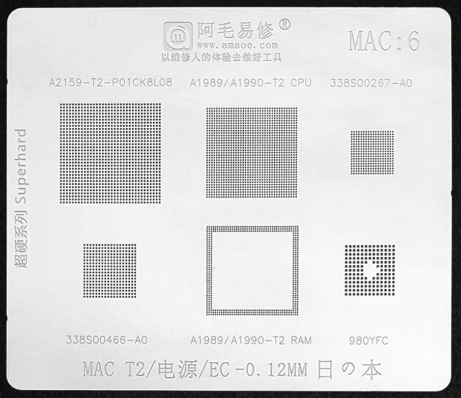 AMAOE MAC:6 MacBook T2 Entegre Kalıbı 0.12mm – A1989 / A1990 / A2159 T2 CPU RAM